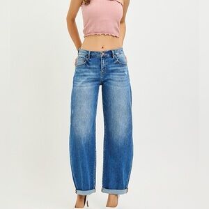 🩵 RISEN Mid Rise Barrel Double Roll Up Jeans - Dark Wash